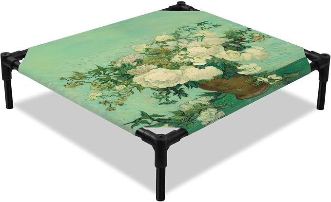 Outdoor Elevated Dog Bed for Small Dogs, Botanical Flowers Breathable Cooling Raised Dog Cot for Indoor/Outdoor, Farmhouse Blossom Vase Floral Branches Waterproof Elevated Pet Beds, S 20 x 20 in