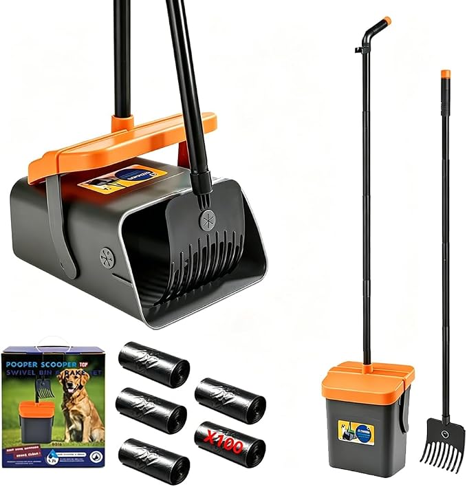 Pooper Scooper, 46" Long Handle Heavy Duty Picker-Upper, Swivel Bin Rake Kit with Bag Attachment, 100 Waste Bags for Small Large Dogs Puppy Poop Trash Litter Cleanup Yard Outdoor Pet Essentials
