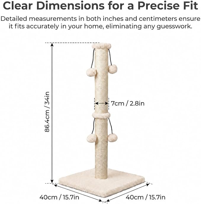 Dimaka 34'' Cat Scratching Post, Cat Scratching Post, Cat Scratcher for Large Cats with Teasing Toy Ball, Natural Sisal White and Grey (Beige)
