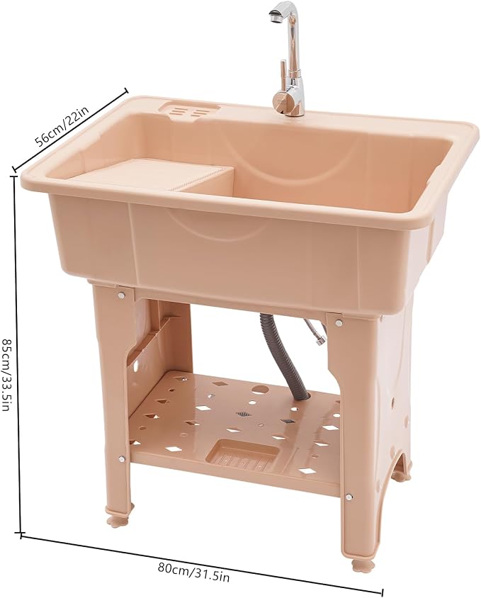 Plastic Utility Sink with 360° Swivel Hot and Cold Faucet Brown | 154 lbs Load Capacity, Equipped with Hose Hook Up, Includes Washboard, Bottom Storage Board, Suitable for Garages and Gardens