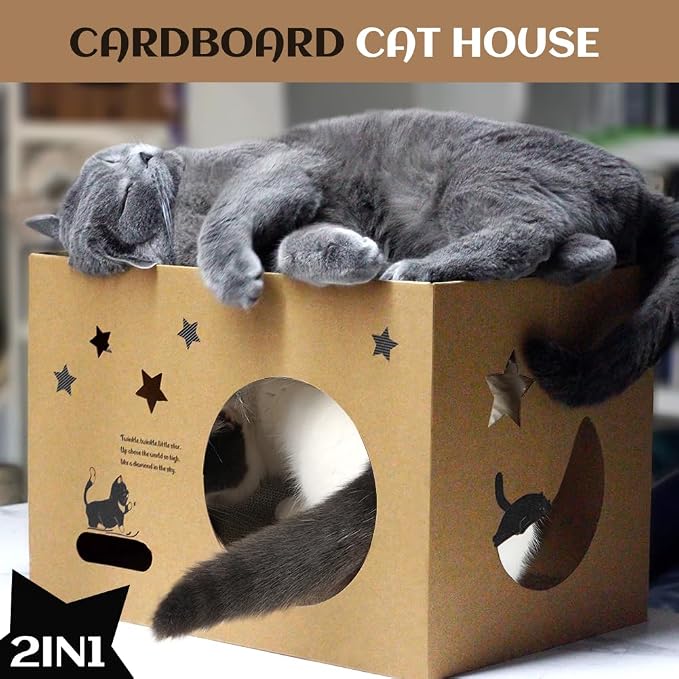 Cat Cardboard House with 2 PCS Scratching Pads，Large Cat Scratcher Bed Cat Scratchers Lounge for Indoor Cats with Corrugated Board Detachable Cat Scratcher Box for Cats(Star)