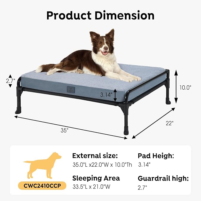 Veehoo Elevated Raised Dog Bed+Removable Dog Cot Mat-Cooling Outdoor Large Pet Bed Three-Sided Guardrail Raised Pet Cot Hammock Bed with Bolster-35 x 22" Black