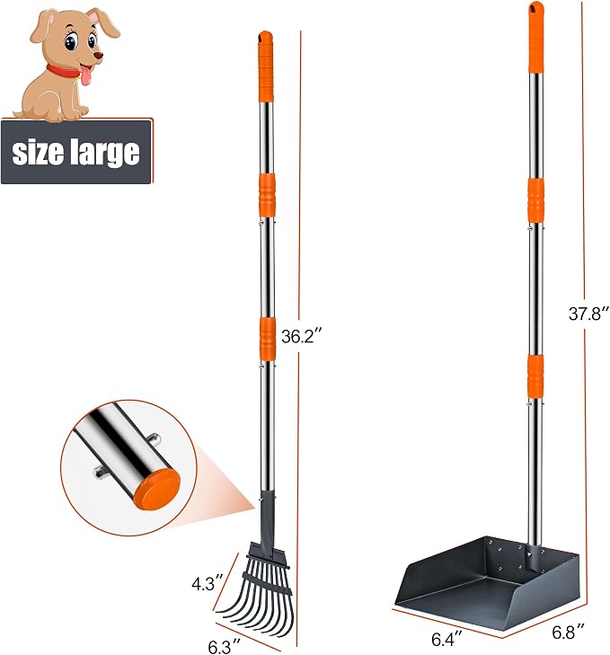 Niubya Pooper Scooper for Dogs, Metal Poop Scooper Tray and Rake Set with Adjustable Long Handle, Dog Pooper Scooper for Pet Waste Removal