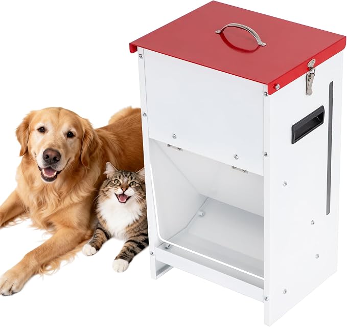 Automatic Dog Feeder - 25LBS Capacity Auto Gravity Dispenser | Powder Coated Dog Feeder, Waterproof for Indoor & Outdoor Use, 12.3"L x 10.5"W x 21.3"H, Red and White