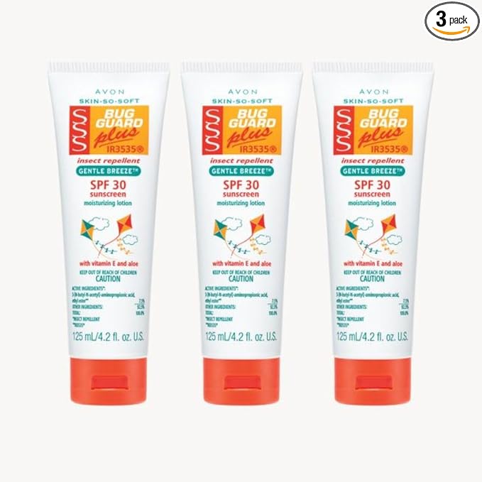 AVON Skin So Soft Bug Guard Plus IR3535® Gentle Breeze® SPF 30 Lotion, Insect Repellent Moisturizing Lotion — 2-in-1 Sunscreen & DEET-Free Bug Repellent with Vitamin E & Aloe — Pack of 3, Travel Size