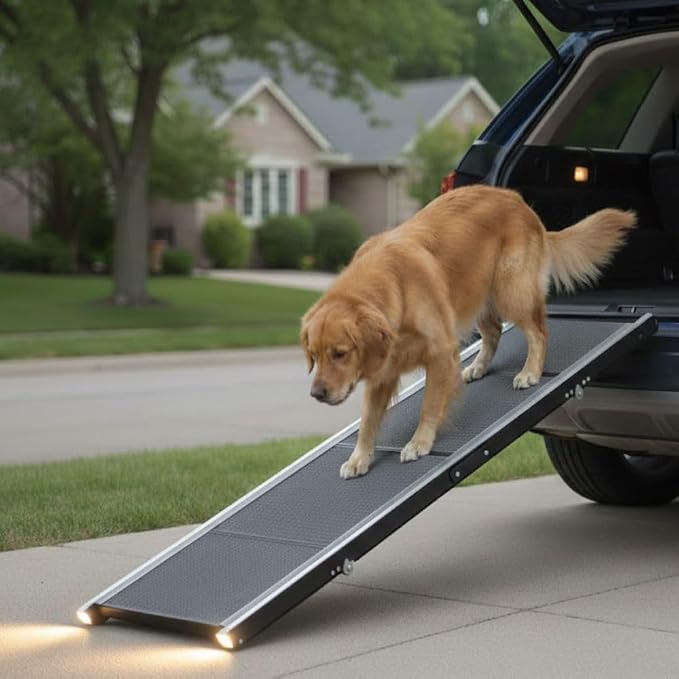 Dog Ramp for Car & SUV with Non-Slip Rug Surface – Lightweight & Foldable Pet Ramp for Dogs, Includes 4 Towels & 2 LED Lights, Safe for Cars, Trucks, Beds, Couches & Stairs