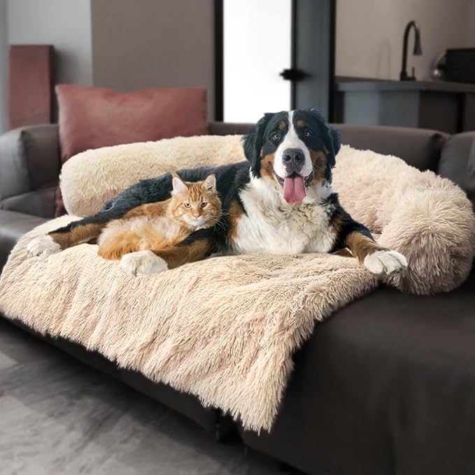 Luxurious Calming Dogs/Cats Bed Mats, Dog Pad Washable Removable Couch Cover, Plush Long Fur Mat for Pets, Waterproof Lining, Perfect for Small, Medium and Large Dogs and Cats (Beige, 59"x39")