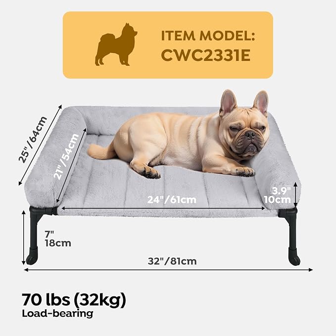Veehoo Elevated Dog Beds Medium Sized Dog with Fluffy Plush Bolster Cushion | Orthopedic Raised Dog Beds for Indoor Outdoor, Soft Pet Sofa Cot with Removable Washable Mat, No-Slip Feet, 32" x 25", Grey