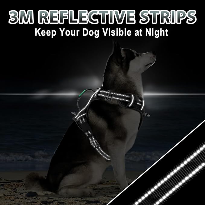 BARKBAY No Pull Dog Harness 3 Buckles Large Reflective Dog Harness with Front Clip and Easy Control Handle for Walking Training Running with ID tag Pocket(Black,M)