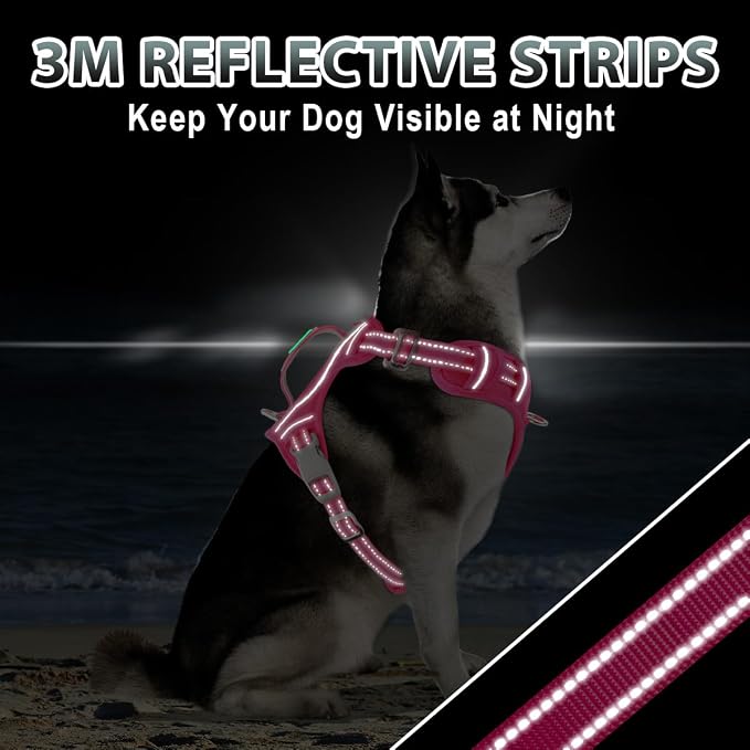 BARKBAY No Pull Dog Harness 3 Buckles Large Reflective Dog Harness with Front Clip and Easy Control Handle for Walking Training Running with ID tag Pocket(Pink,S)