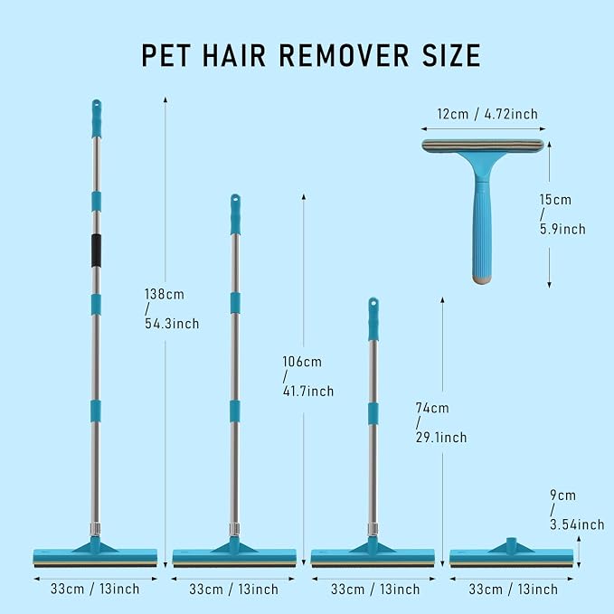 Upgraded Carpet Rake for Pet Hair Removal,2PCS Reusable Pet Hair Remover with 56” Adjustable Long Handle, 3 in 1 Rubber Broom and Carpet Brush Scraper for Rugs, Mats, Couch, Furniture