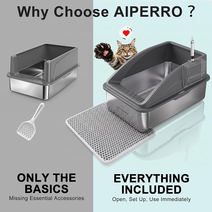 AIPERRO Stainless Steel Litter Box | XL Enclosed Cat Litter Boxs with Lid for Big Cats | High Sided, Anti-Urine Leakage | Non-Stick Bottom & Includes Litter Mat & Metal Scoop (Dark Gray)