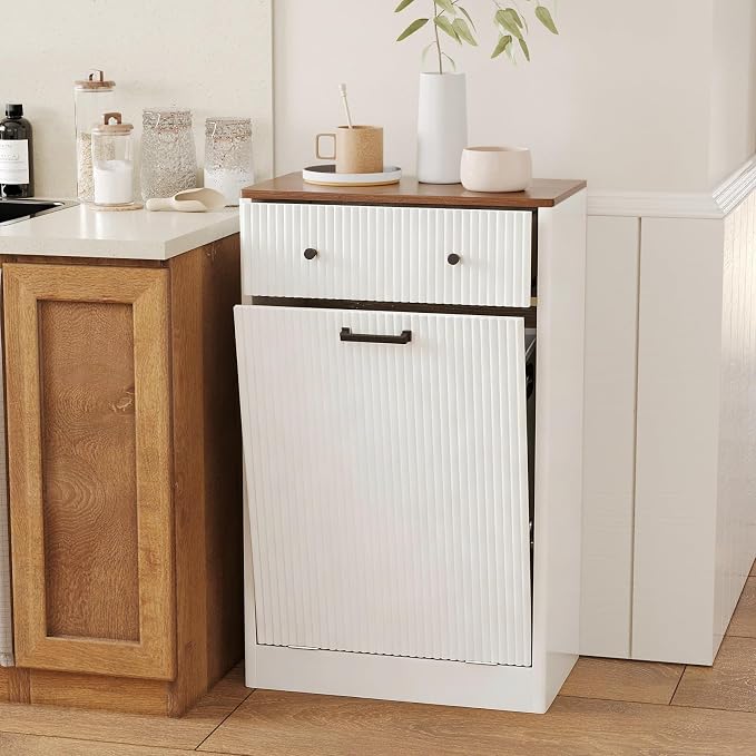 10 Gallon Tilt Out Trash Can Cabinet with Drawer - Modern Fluted Hidden Garbage Bin Holder, Curved Edge Wooden Laundry Hamper Cabinet, White