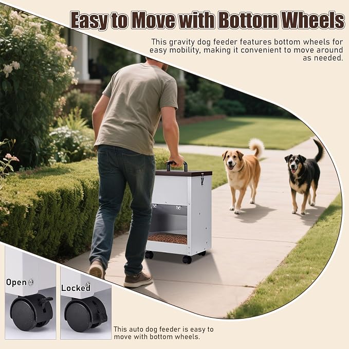 28Lbs Automatic Dog Feeder Large Breed, Easy to Move with Wheels | Outdoor Gravity Dog Feeder, Galvanized Metal Self Feeding Dog Food Dispenser with Clear Door, Pet Feeding Station