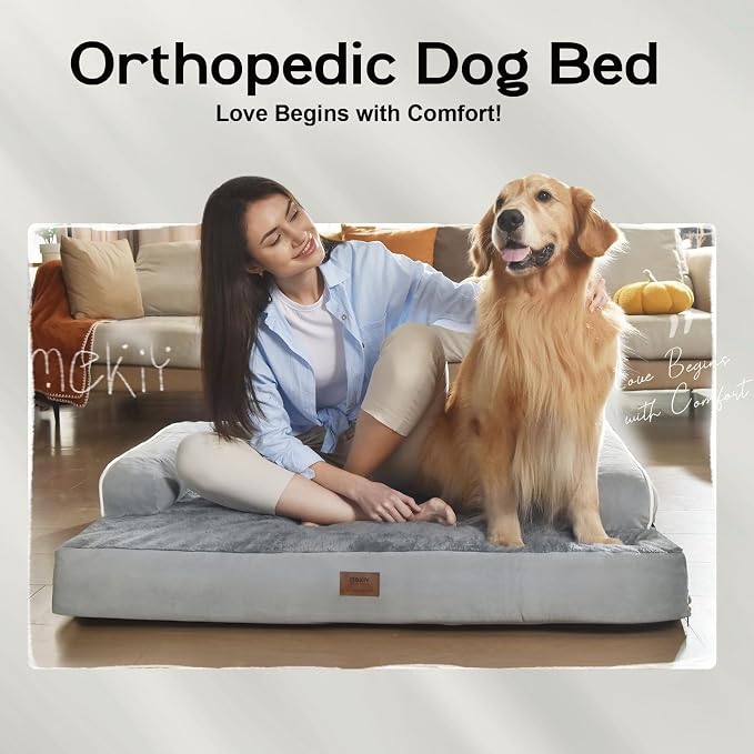 Orthopedic Waterproof Dog Bed with Bolster for Extra Large Size Dogs | Pillow Support for Neck Relief, Egg Crate Foam, Waterproof Liner, Anti-Slip Bottom, Removable Bolster Cover, 48 x 33 Inch