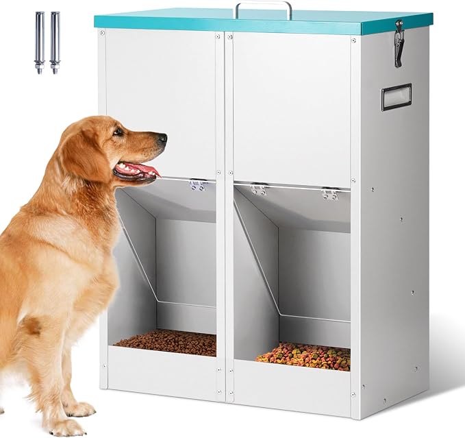 46Lb Gravity Automatic Dog Feeder for 2 Dogs, No Assembly Required | Galvanized Metal Self Feeding Dog Food Dispenser, Double Pet Feeder for Outdoor and Indoor Use