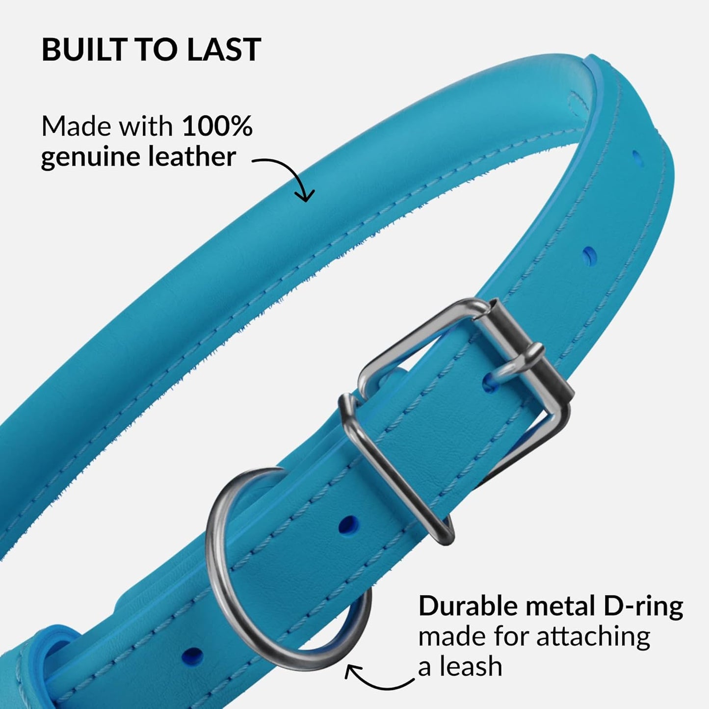 CollarDirect Rolled Leather Dog Collar, Soft Padded Round Puppy Collar, Handmade Genuine Leather Collar Dog Small Large Cat Collars 13 Colors (6-7 Inch, Light Blue)