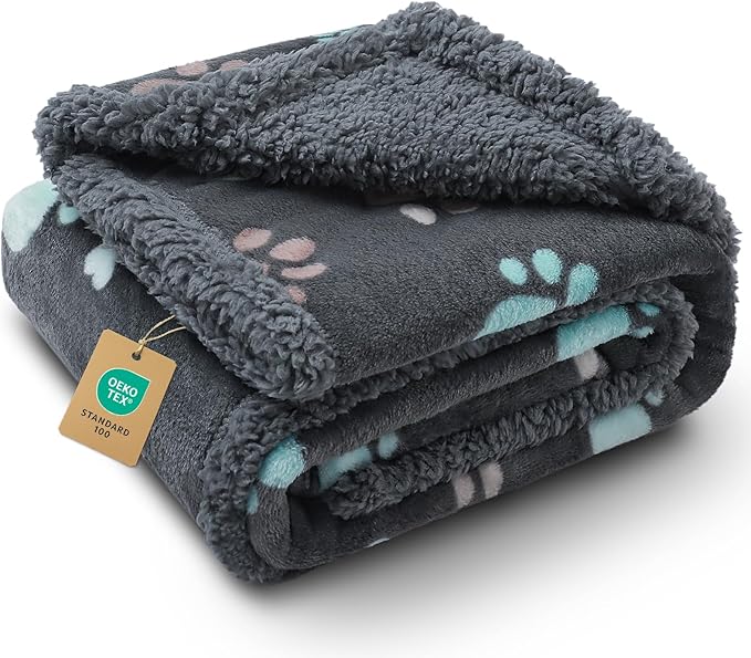 Luciphia Waterproof Pet Blankets for Couch Sofa Bed Cover Cat Liquid Pee Proof Washable Soft Fluffy Large Dog Blanket Reversible Furniture Protection Puppy Grey Paw Thicken Medium（57" x 40"）