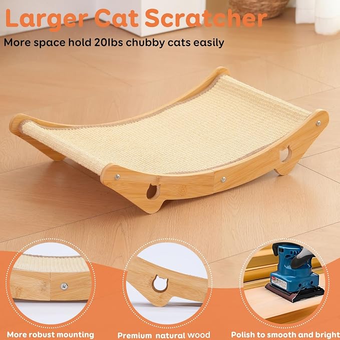 Cat Scratcher Hammock Bed, U-Shaped Wood Sisal Lounger, Furniture Protector | pingping-go, 23.6 x 13.8 Inch, Wood Frame, Natural Sisal, Indoor & Outdoor, for Large Cats