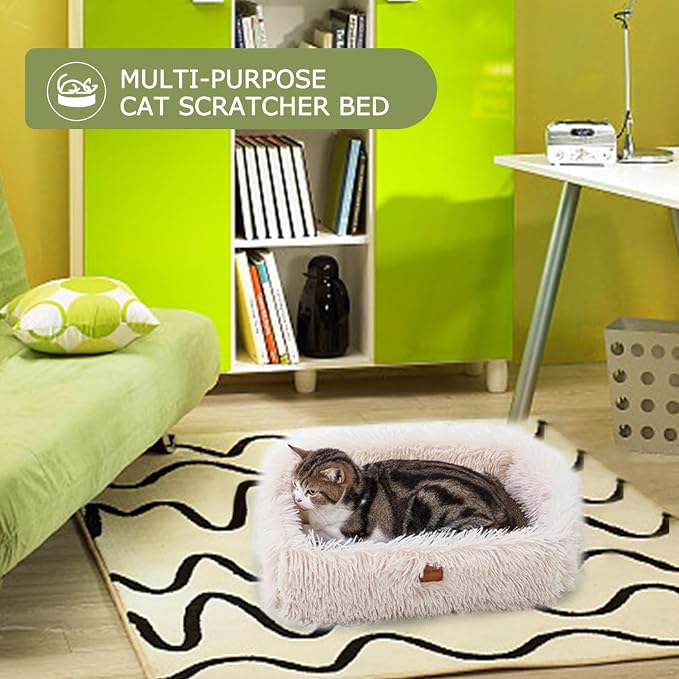 Cat Lounge Scratcher Box with Removable Cardboard (Beige) | High-density Corrugated Cardboard with Double-sided Use, Soft Long Plush, Release Stress and Protect Furniture