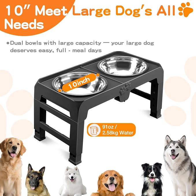 Elevated Dog Bowls for Large Dogs 5 Adjustable Heights 7.5"-15.4", 2 X-Large 10” Stainless Steel Bowls, Heavy Duty Raised Dog Bowl Stand Foldable Pet Feeder for Dogs Shoulder Height Over 15”, Black