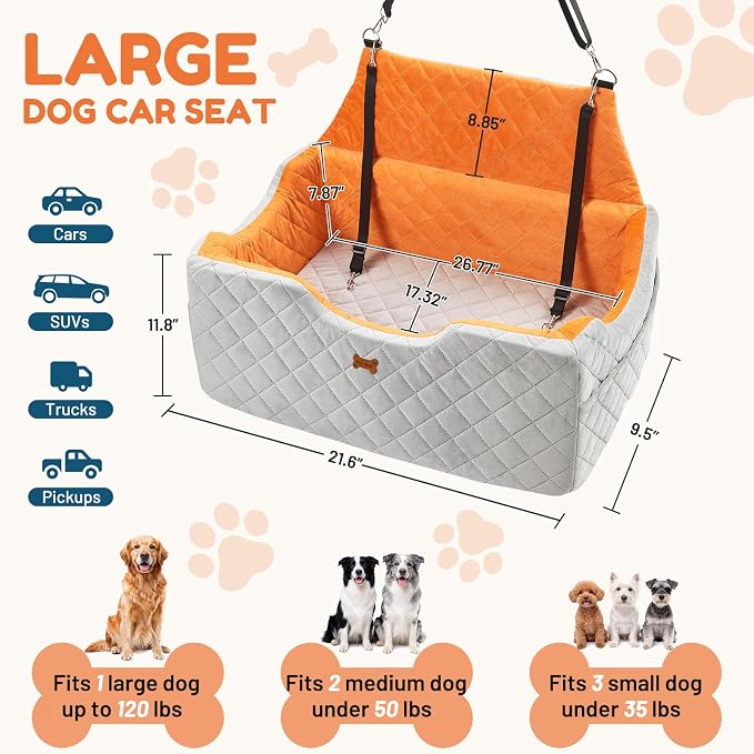 Dog Car Seat for Large Medium Dogs up to 55 lbs, Memory Foam Dog Booster Seat with Storage Pocket, 2 Safety Leashes,Washable Cover, Portable Anxiety Pet Travel Bed, Gray