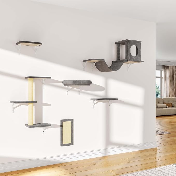 Cat Wall Shelves, 6-in-1 Cat Wall Furniture Set for Large Cats, Cat Climbing Wall Systems with Perch Bed, Condo, Bridge Ladder, Steps, Scratching Post, Dark Gray