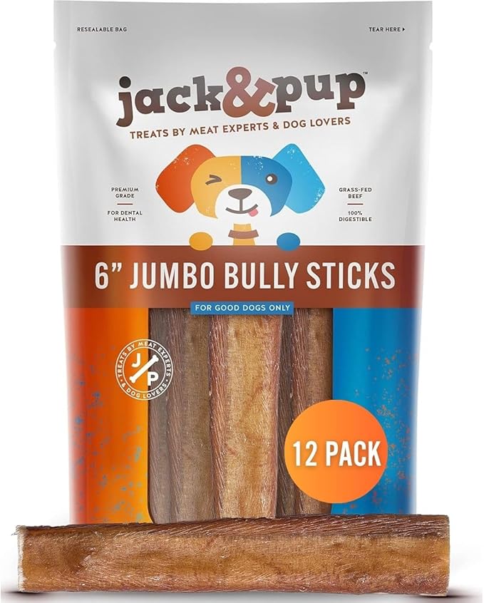 Jack&Pup 6 Inch Jumbo Bully Sticks for Dogs (12 Pack) Single Ingredient Dog Bully Sticks for Large Dogs and Aggressive Chewers
