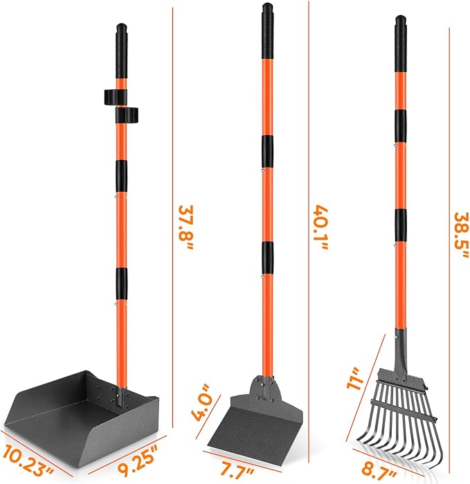Pooper Scooper for Large Dogs, Poop Scoop with Long Handle Tray, Spade,Rake | Extra Larger Metal Bin, Heavy Duty Aluminum Poop Picker,No Bending,Rust Proof,Use on Grass, Dirt, Gravel, Perfect for Seniors