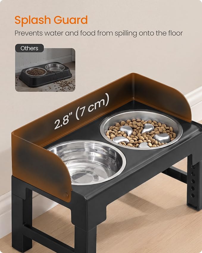 Feandrea Dog Bowls Elevated, Adjustable Height, Tilted Design | Raised Stand, 1 Slow Feeder, Two 304 Stainless Steel Bowls, Ink Black, BOXAL Collection UPRB104B101