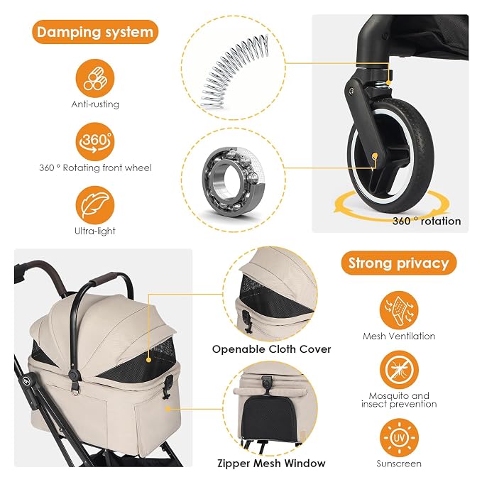 X2 Pet Stroller, Dog Cat Stroller for Small Pets with Detachable Carrier, Lightweight Foldable Cat Carrier Dog Car Seat for Puppy Doggy up to 44lbs, Canopy and Waterproof Pad, Camel