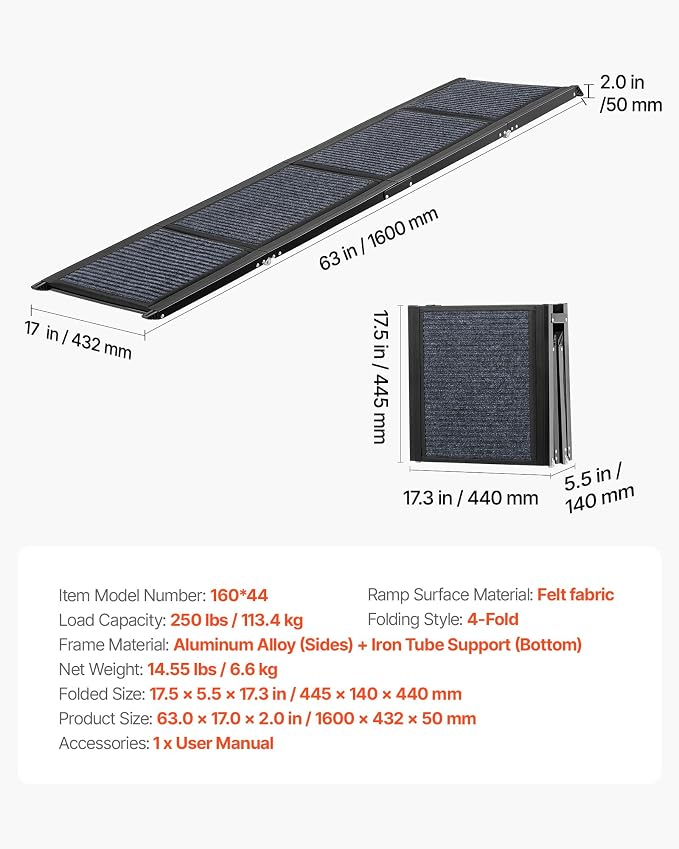 VEVOR Dog Ramp for Cars, 63" L x 17" W, Folding Pet Ramps for Medium & Large Dogs up to 250lbs, Pet Stair Ramp with Non-Slip Felt Rug Surface, Portable Outdoor Dog Car Ramps for SUV & Truck