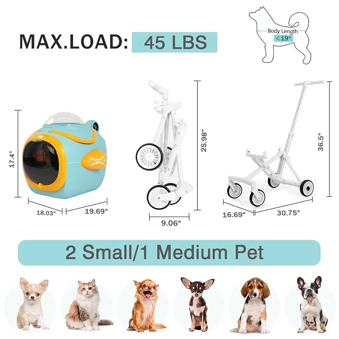 4 in 1 Foldable Pet Stroller with Detachable Carrier for Small Dogs & Cats, Space Capsule Travel Stroller with Inbuilt Fan,Temperature Display & Night Light,Puppy Kitty Doggie Bunny Stroller(Blue)