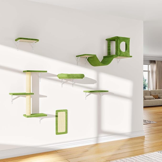 6-in-1 Cat Wall Shelves, Wall Mounted Cat Climber with Condo House, Scratching Post, Bridge Ladder, Space-Saving Indoor Play Furniture for Kittens, Green