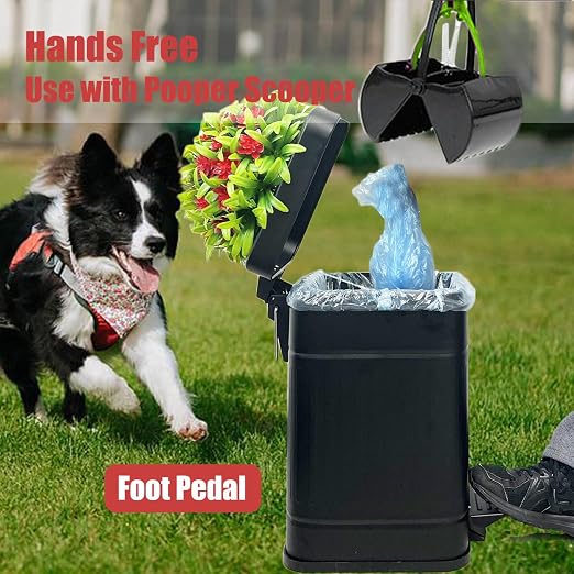 Metal Dog Poop Trash Can Outside - Small Outdoor Garbage Can with Pedal | Stainless Steel Dog Waste Container with Lid - Decorative Trash Bin (Faux Plant) - Hidden Trash Bucket - Black & Flower