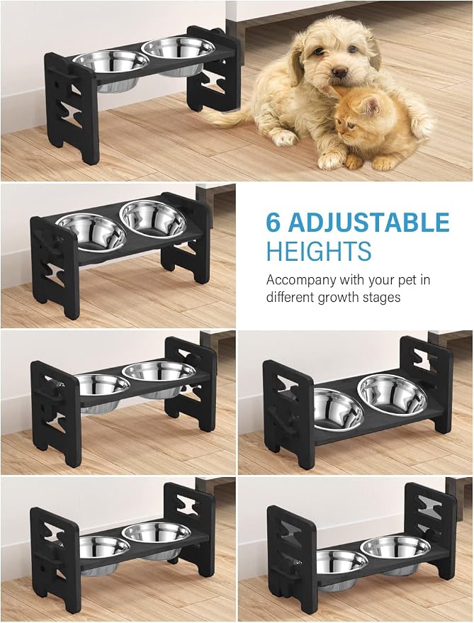 Elevated Dog Bowls, Raised Dog Bowl Stand Adjustable Small, Black | Bamboo Elevated Feeder with 2 Stainless Steel Bowls, Adjustable Height Stand for Small Puppies and Cats