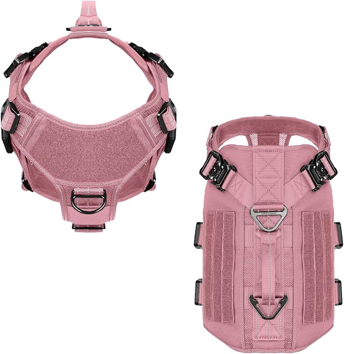 ICEFANG Tactical Mesh Dog Harness for Large Dogs,Reflective Dog Molle Vest | Summer-Cooling, Control Handle,Adjustable,Front Hook,3 Leash Clips,Soft Padded,No Pull,Pink,Large