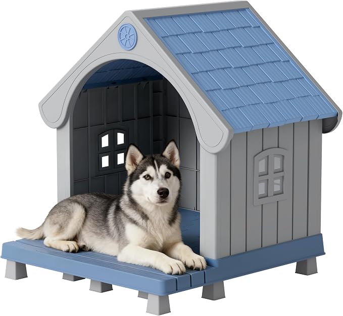 Bifanuo Dog House Outdoor Weatherproof with Porch for Small Medium Dogs, Durable Plastic Pet House with Sloping roof and Elevated Floor, Easy Cleaning and Assemble (Blue, 32.95"D x 31.5"W x 37.88"H)