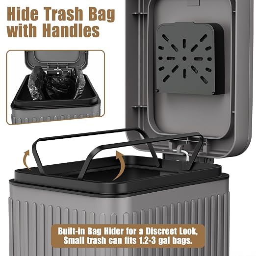 Dog Poop Trash Can for Outside & Indoor, 5L/1.3Gal Small Pet Waste Bin with Odor Control Carbon Filter Lid, 2-Way Open (Step & Press Top), Dog Waste Container with Bag Holder, Grey