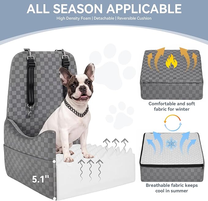 PETSFIT Pet Car Seat with Patented Safety System, 5" Elevated Cushion | Fully Detachable Washable Cover, Memory Foam Dog Booster Car Seat for Small/Medium Dogs Up to 35 Lbs with Safety Belt