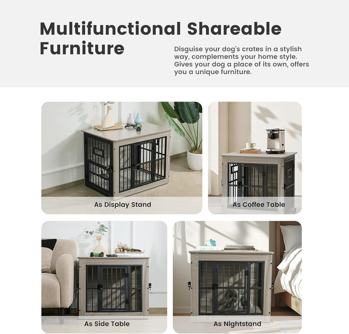 Gardner Pet Dog Crate Furniture for Medium Dogs, 38.8 Inch Dog Kennel Indoor, Wooden Dog Cage End Table with 2 Removable Bowls, Heavy Duty Dog Crate, Rustic Grey