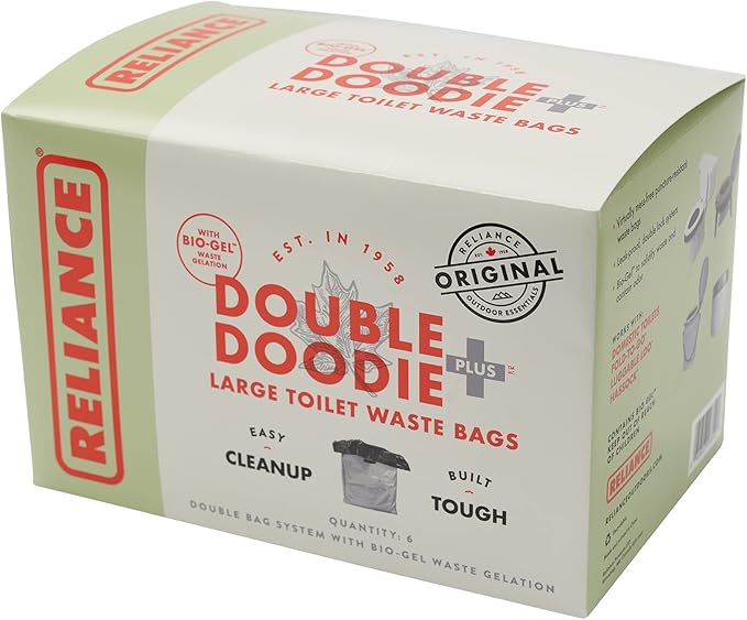 Reliance Products Double Doodie Plus with BIO-Gel | Large Portable Toilet Waste Bags | Family-Sized 6 Pack, Gray, 9.2 Inch x 4.9 Inch x 6.0 Inch | camping-sanitation-supplies