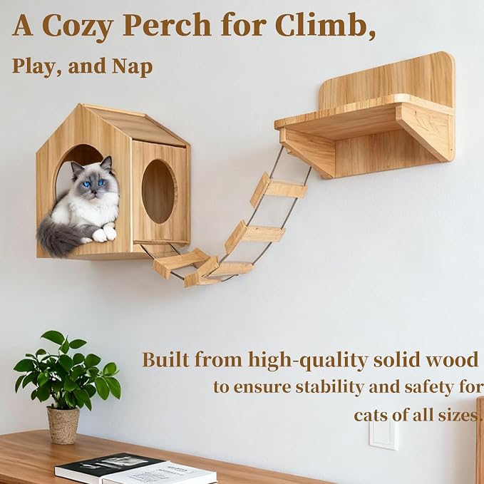 Unfinished Solid Pine Cat Wall Set - Natural Wood Cat House, Bridge & Perch Shelf | 3-Piece Wall-Mounted Climbing & Lounging Furniture for Indoor Cats
