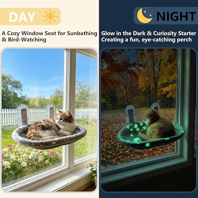 Cat Window Perch Hammock - Glow in the Dark Cordless Foldable Pet Bed with Sturdy Metal Frame & Strong Suction Cups, Star Print Resting Seat for Indoor Cats with Removable Washable Cover