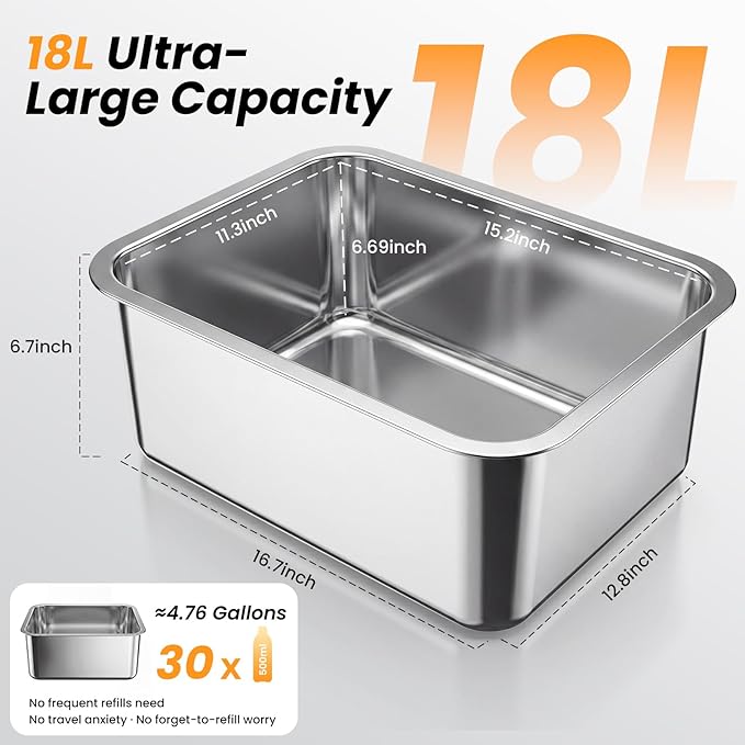 18L (4.7Gal) Extra Large (17.9x14x14.7) Elevated Dog Water Bowl, Height Adjustable Raised Stand for Large & XL Dogs, Stainless Steel No-Spill Bowl with Replaceable Filter for Multi Dog, No Pump