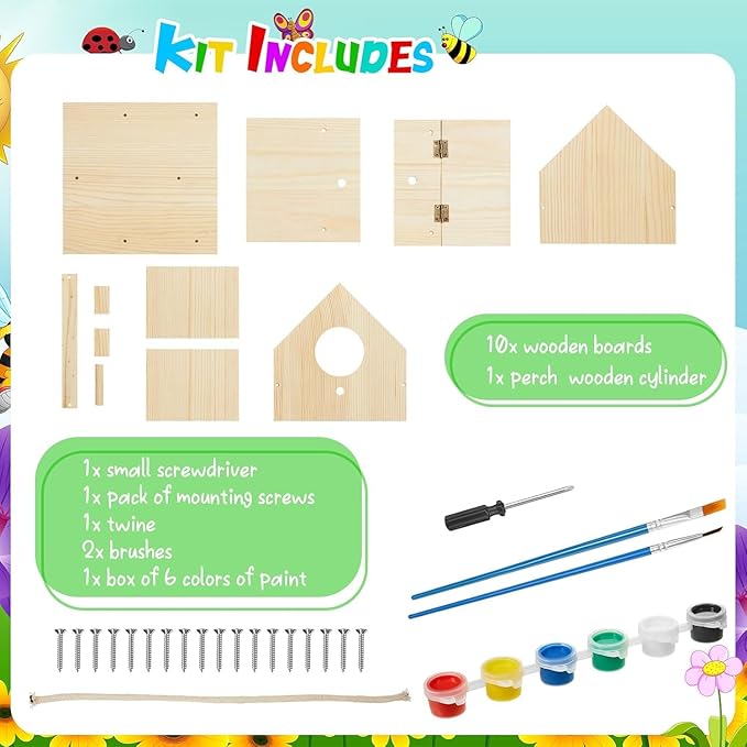 Liliful 24 Sets Wooden DIY Birdhouse Kit Unfinished Bird Houses with Paints and Paintbrushes Bird Feeder Craft Arts for Boy or Girl Classroom Activity and Christmas Kids Wooden Craft Gifts