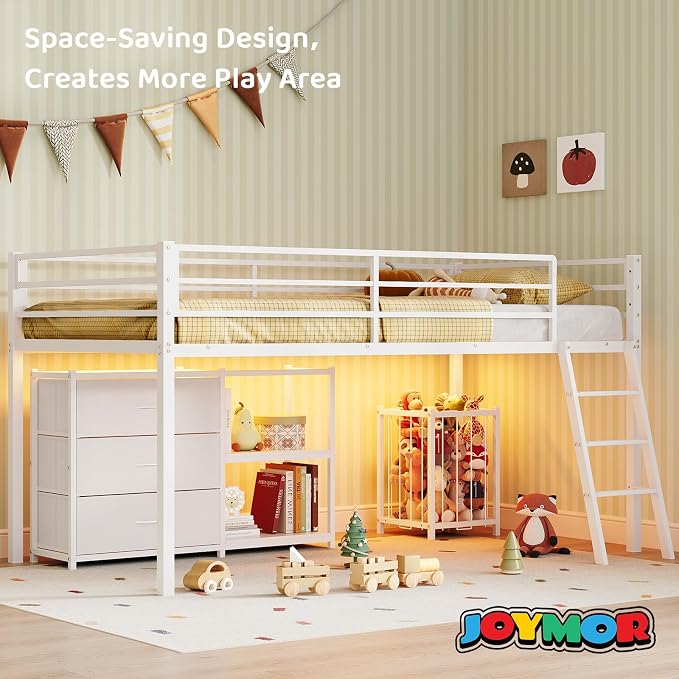 Bonnlo Low Loft Bed with 3 Drawers, 2-Tier Storage Shelf and Toy Storage Basket, Metal loft Bed Twin Size with LED Lights and Safety Guardrail for Kids (White)