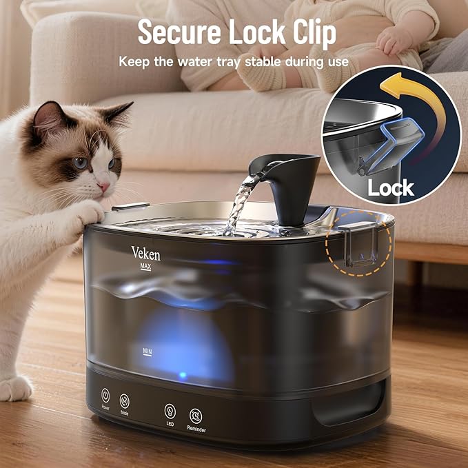 Veken Cordless Cat Water Fountain with Stainless Steel Tray & Secure Clips, 5200 mAh Battery Operated Pet Drinking Dispenser with LED Light, 85oz/2.5L Wireless Fountain for Cats, Dogs and Small Pets