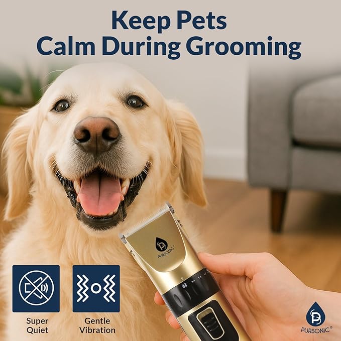 Pursonic Rechargeable Dog Clippers for Grooming – Professional Pet Clippers for Dogs & Cats, Quiet Pet Hair Trimmer with Adjustable Blades and Guide Combs