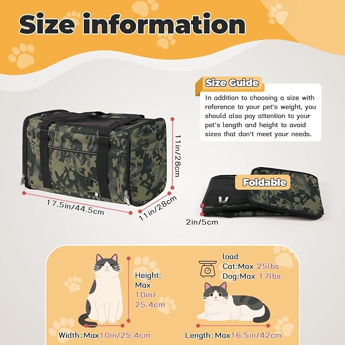 Cat Carrier Soft 25lbs Two Loading Pet Carriers Portable Small Dog Puppy Airline Approved Carrier with Side Pockets Foldable Portable for Outdoor Car Black Camouflage